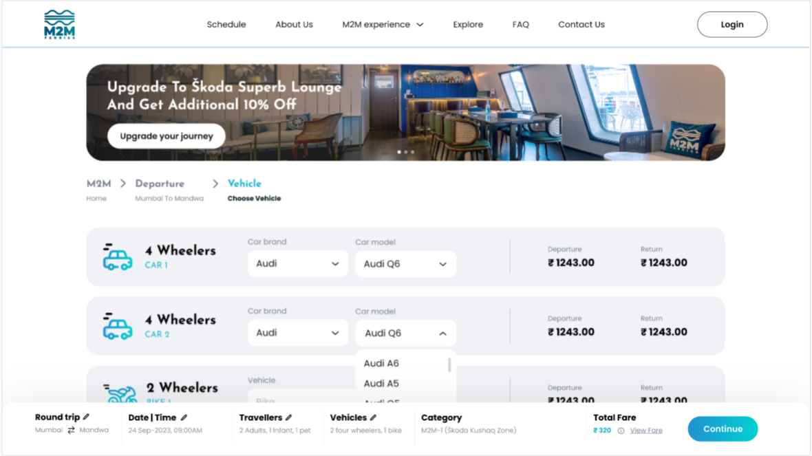 Booking summary updated based on selected vehicle